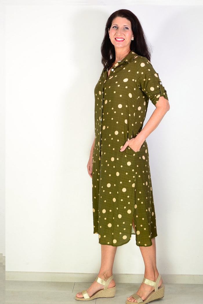 Khaki spotted long tunic shirt by La Mode, featuring a relaxed fit, collar, and button-front design, displayed on a hanger.