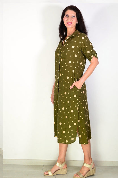 Khaki spotted long tunic shirt by La Mode, featuring a relaxed fit, collar, and button-front design, displayed on a hanger.