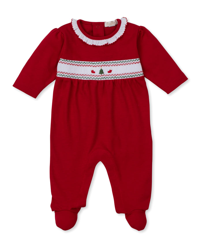 Kissy Kissy Hand Smocked Footie in Red Holiday Medley