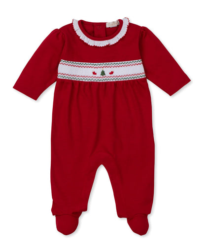 Kissy Kissy Hand Smocked Footie in Red Holiday Medley