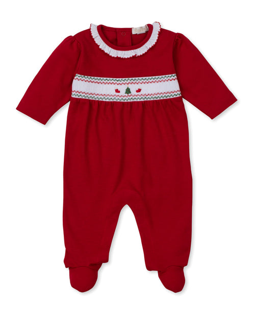 Kissy Kissy Hand Smocked Footie in Red Holiday Medley
