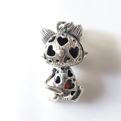 cat with hearts silver amber necklace
