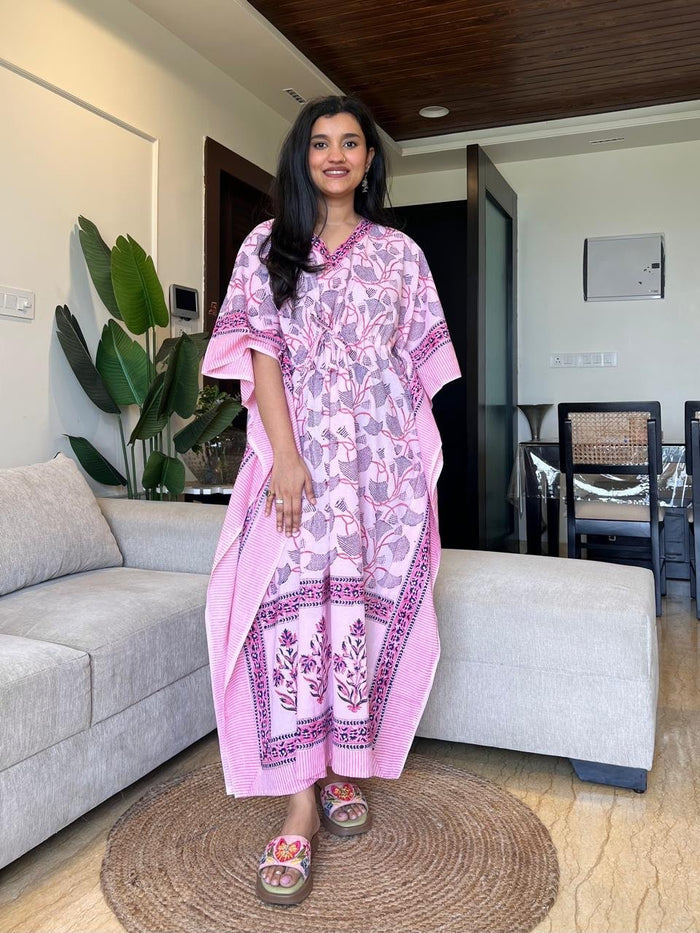 Kusha Block Print Kaftan- Pink Jaal