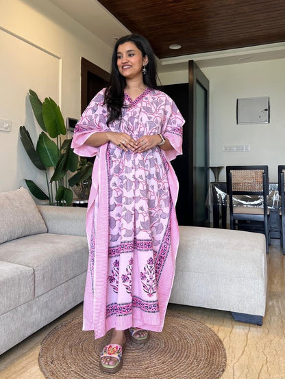 Kusha Block Print Kaftan- Pink Jaal