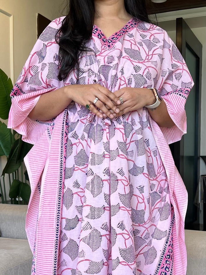 Kusha Block Print Kaftan- Pink Jaal