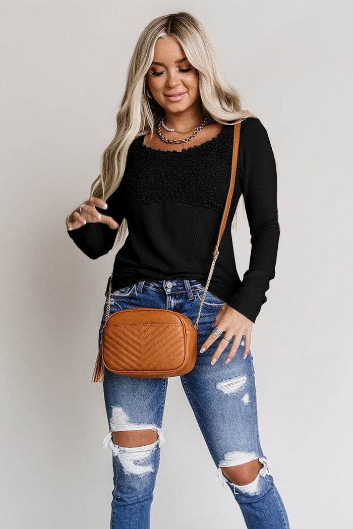 Lace Crochet V Neck Long Sleeve Top - Tops/Long Tops