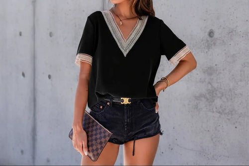 Black Lace Trim V Neck Short Sleeve Blouse - BLACK / S / 100% POLYESTER - Tops/Blouses & Shirts