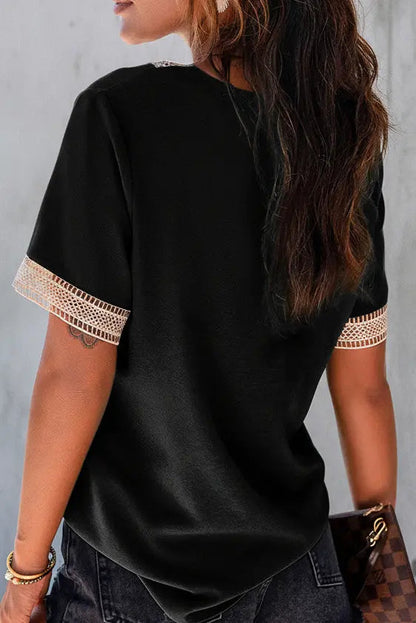 Black Lace Trim V Neck Short Sleeve Blouse - Tops/Blouses & Shirts