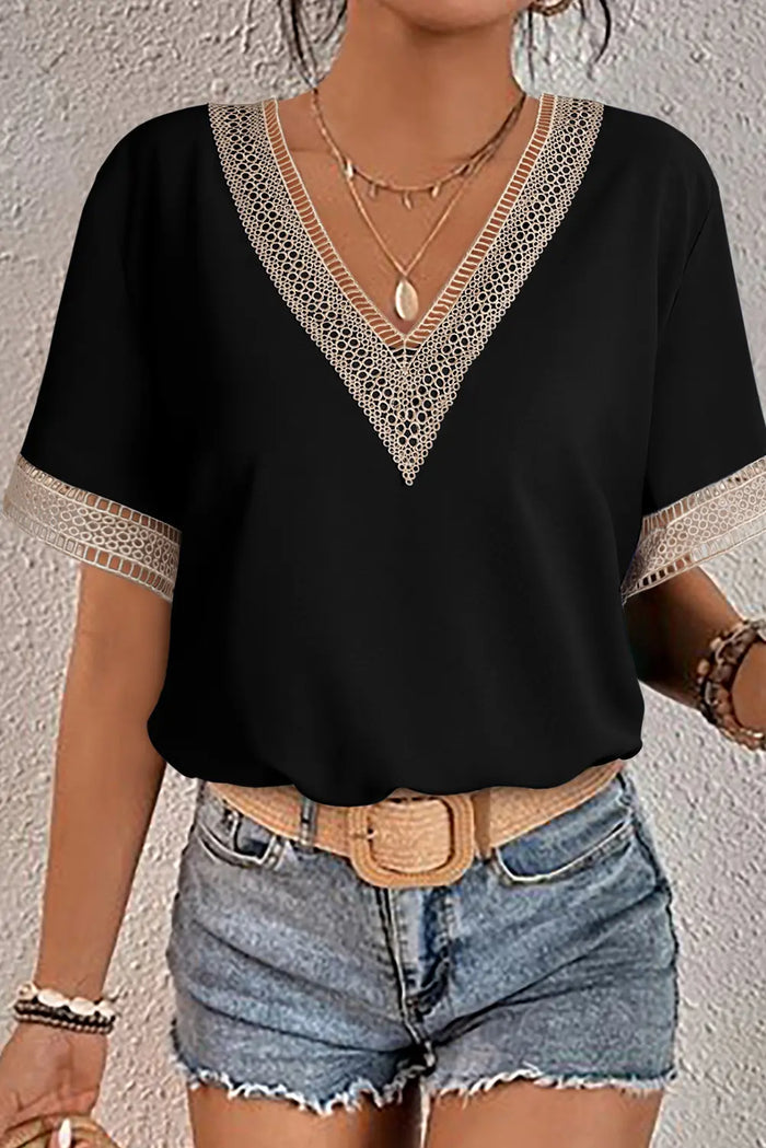Lace Trim V-Neck Short Sleeve Blouse