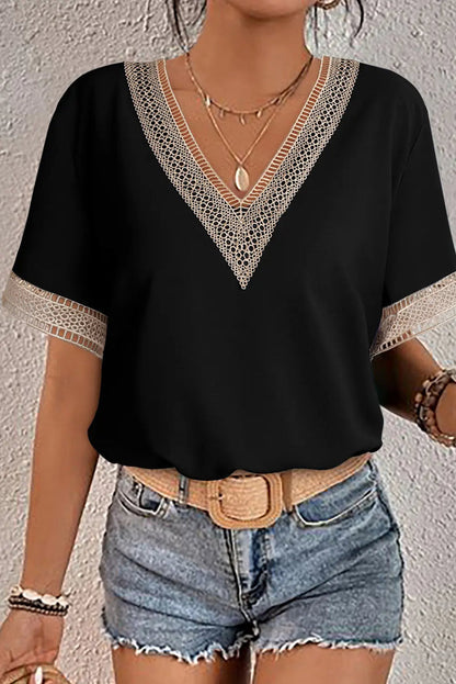 Lace Trim V-Neck Short Sleeve Blouse