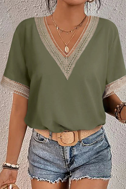 Lace Trim V-Neck Short Sleeve Blouse