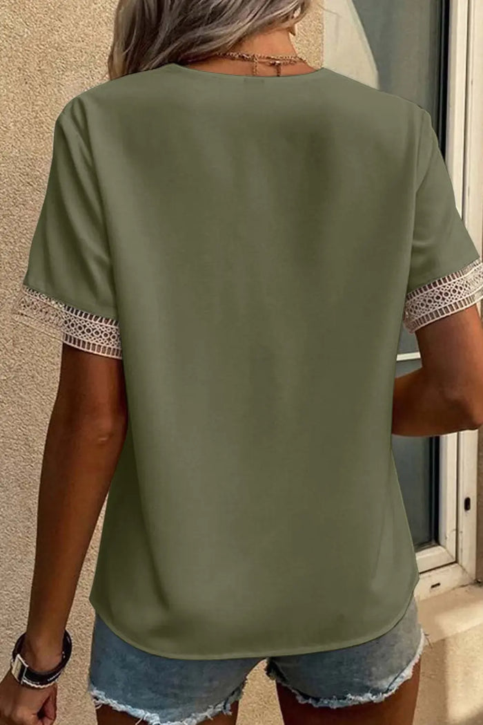 Lace Trim V-Neck Short Sleeve Blouse