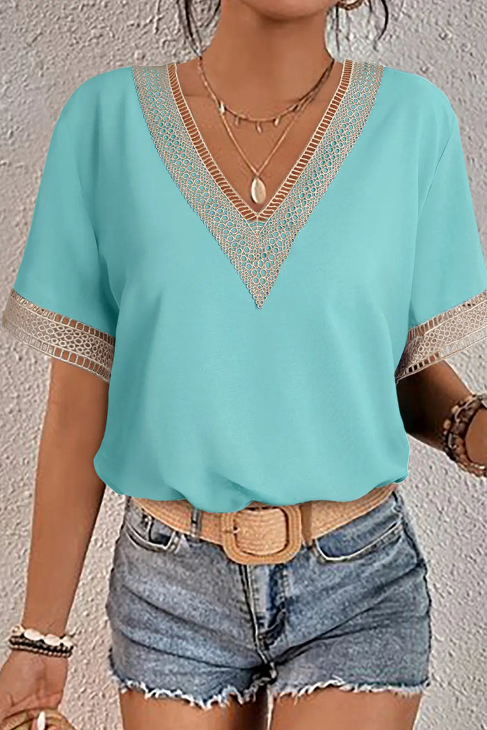 Lace Trim V-Neck Short Sleeve Blouse