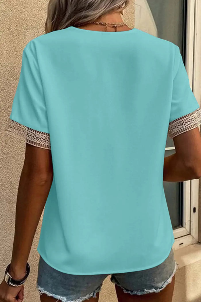 Lace Trim V-Neck Short Sleeve Blouse