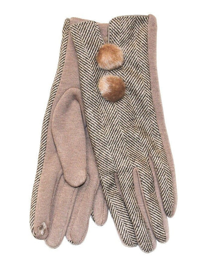 Ladies Double Pom Pom Gloves - Camel Herringbone #color_camel-herringbone