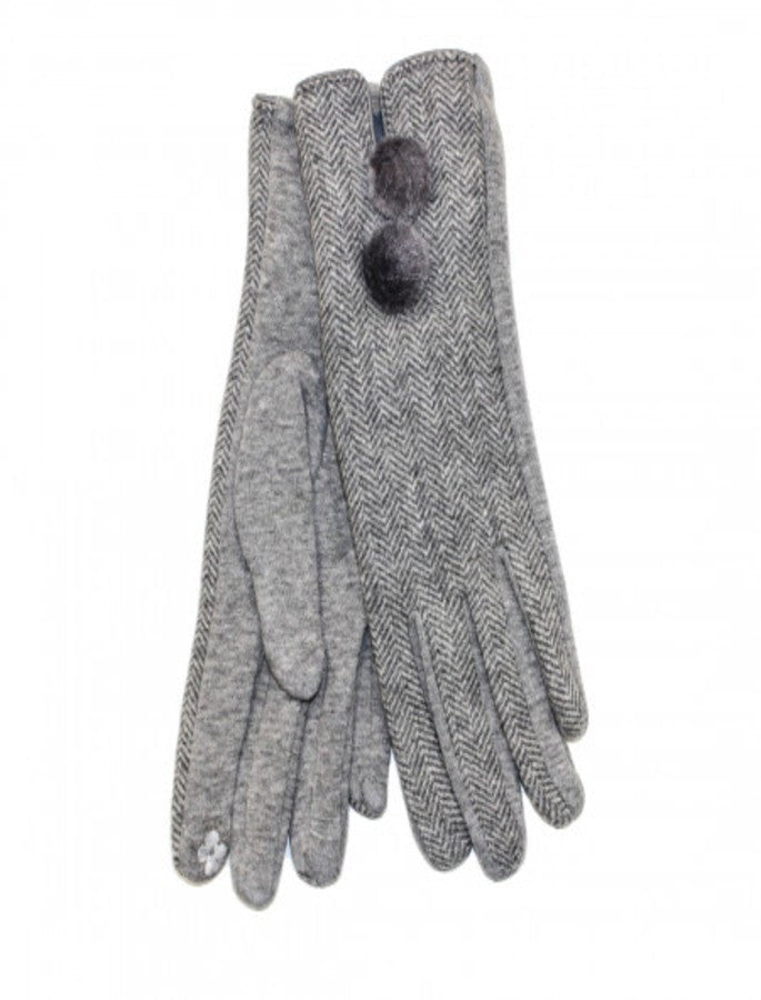 Ladies Double Pom Pom Gloves -Silver Herringbone #color_silver-herringbone