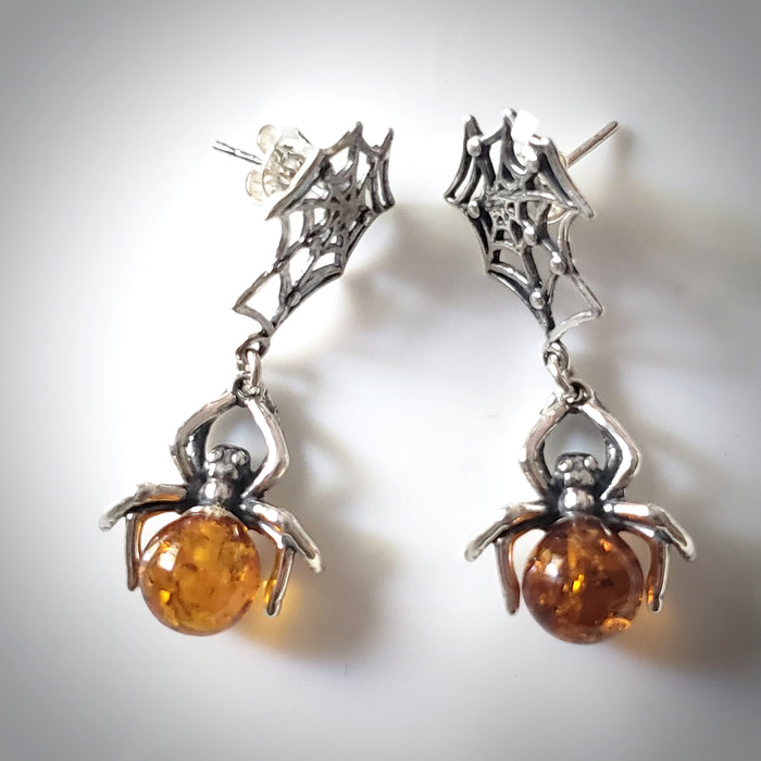 amber spider silver web earrings