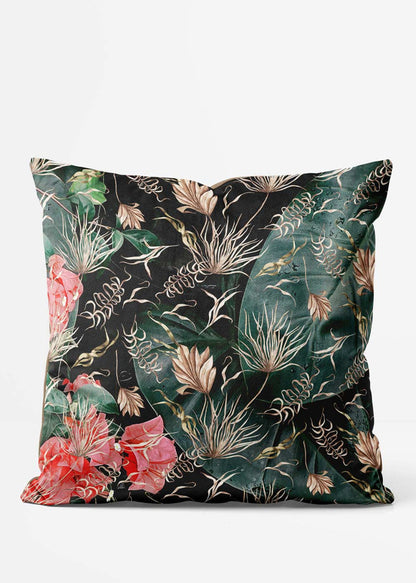 Leaves & Flowers Maximalism Print Cushion 1, front view in green and gold