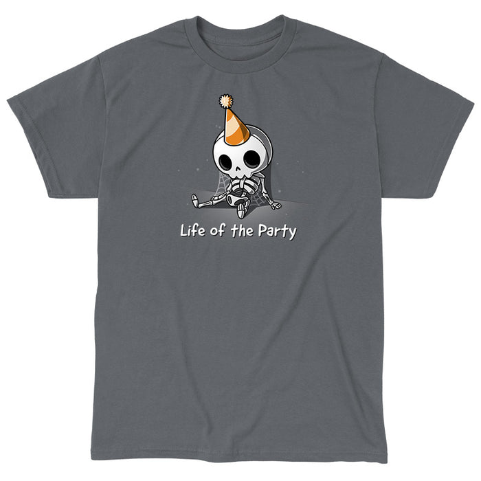 Classic Cotton T-shirt_TeeTurtle charcoal gray Life of the Party. Featuring a dusty skeleton wearing a party hat.