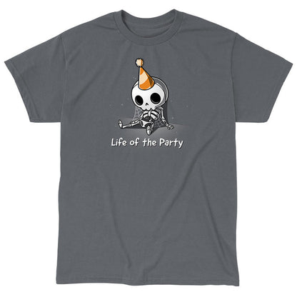 Classic Cotton T-shirt_TeeTurtle charcoal gray Life of the Party. Featuring a dusty skeleton wearing a party hat.