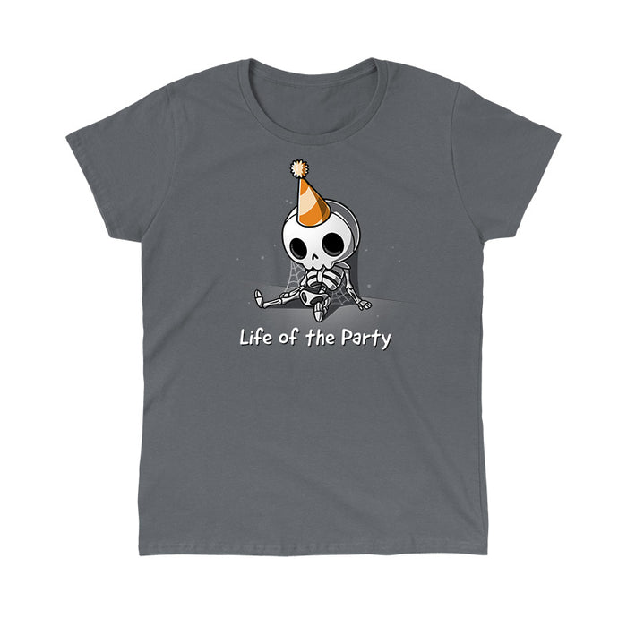 Classic Cotton T-shirt_TeeTurtle charcoal gray Life of the Party. Featuring a dusty skeleton wearing a party hat.