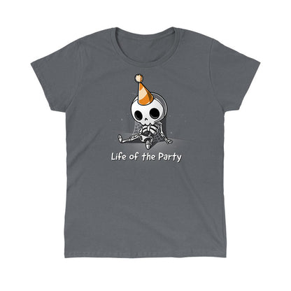 Classic Cotton T-shirt_TeeTurtle charcoal gray Life of the Party. Featuring a dusty skeleton wearing a party hat.