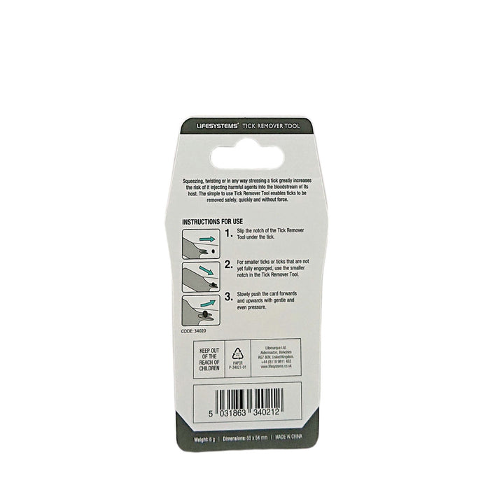 Instructions to use the Lifesystems compact tick removal tool card on the reverse of the packaging