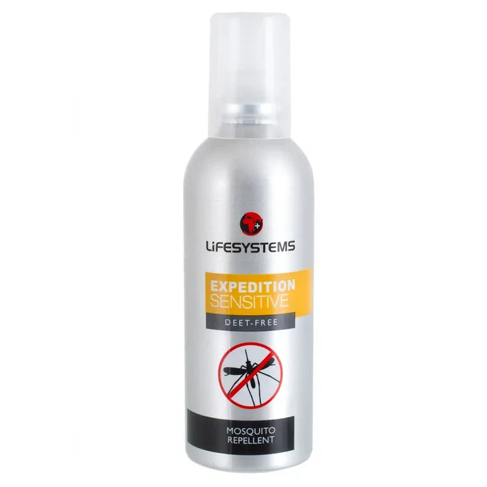 Lifesystems expedition sensitive DEET free insect repellent spray  showing the front detail on the 100ml bottle on a white background