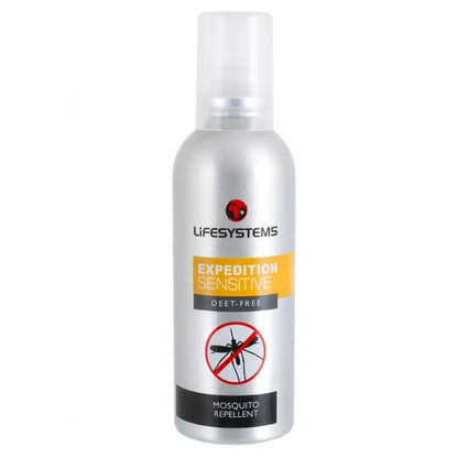 Lifesystems expedition sensitive DEET free insect repellent spray  showing the front detail on the 100ml bottle on a white background