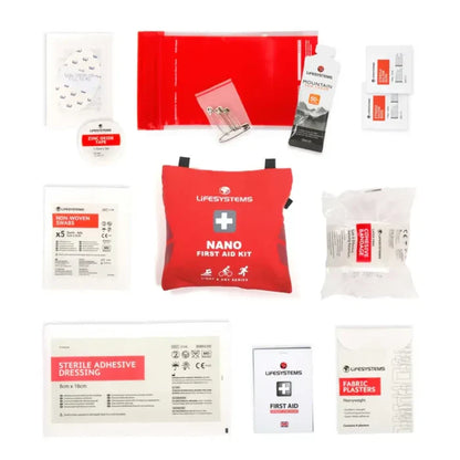 Lifesystems Light And Dry Nano First Aid Kit contents laid out flat on a white background