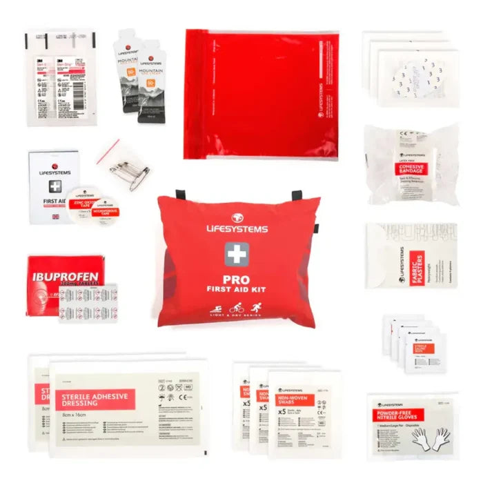 Lifesystems Light And Dry Pro First Aid Kit contents laid out flat on a white background