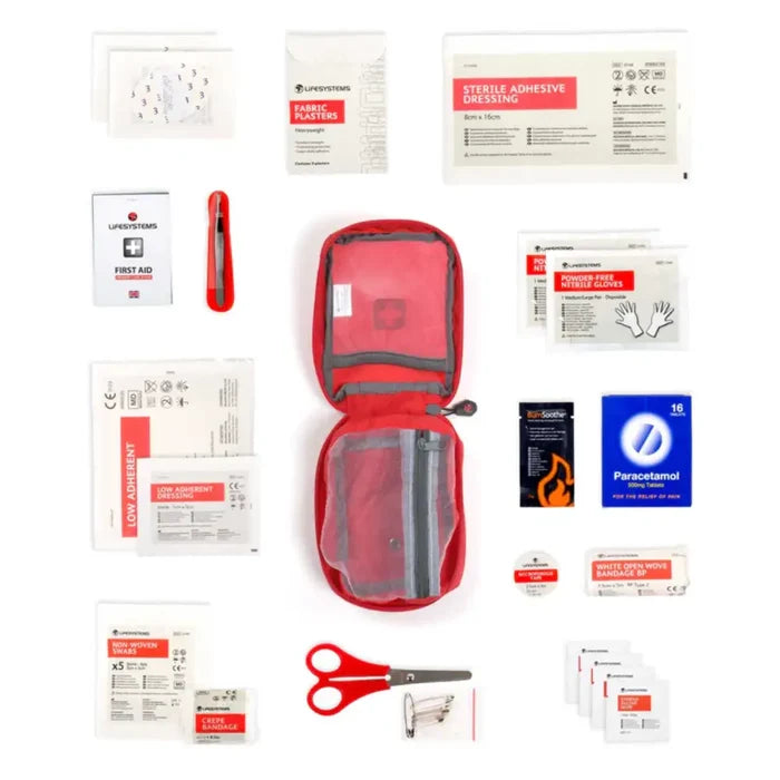 Lifesystems Trek First Aid Kit comtents shown on a white background