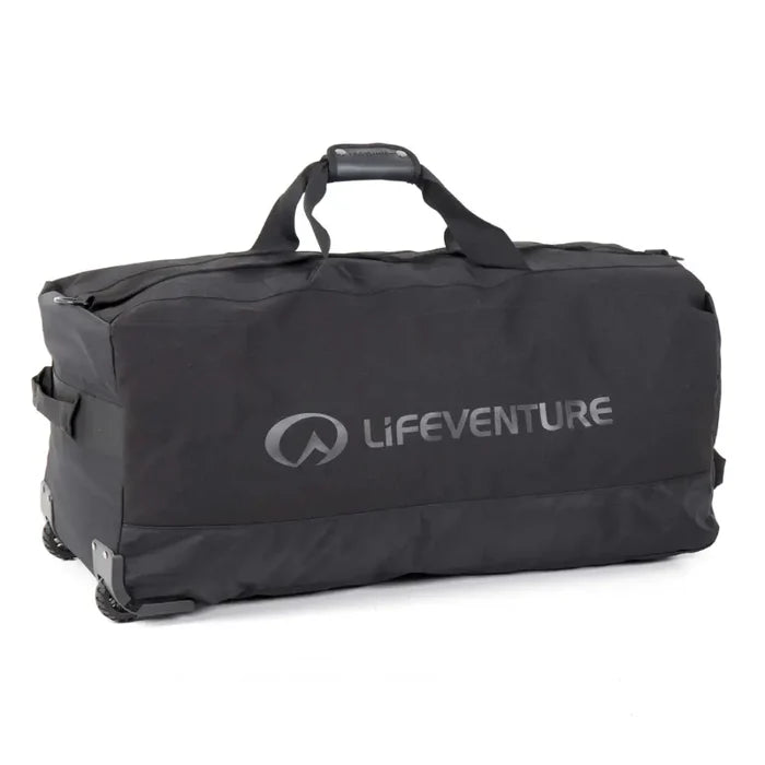 Lifeventure Expedition Wheeled Duffle Bag 120 Litres in black shown from the side on a white background