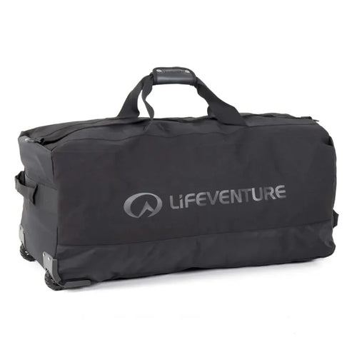 Lifeventure Expedition Wheeled Duffle Bag 120 Litres in black shown from the side on a white background