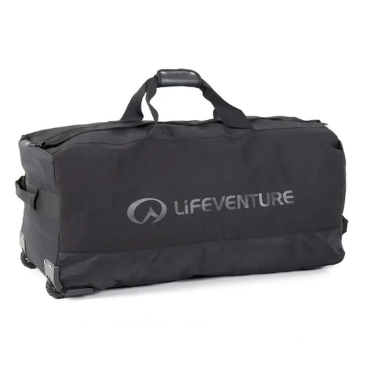 Lifeventure Expedition Wheeled Duffle Bag 120 Litres in black shown from the side on a white background