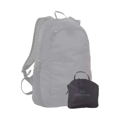 Lifeventure Packable Backpack in 16 Litres  capacity in black shown next to its packed version as a size comparison on a white background