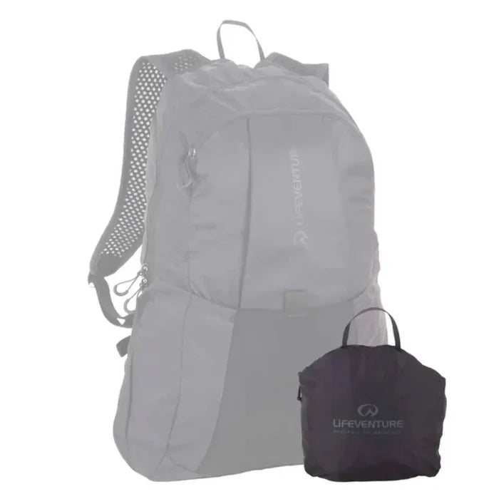 Lifeventure Packable Backpack 25 Litres in black opened and packed to show the size difference on a white background
