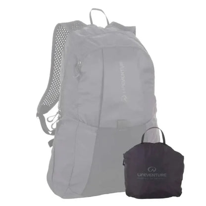 Lifeventure Packable Backpack 25 Litres in black opened and packed to show the size difference on a white background