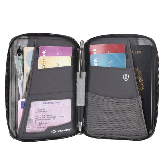 Lifeventure RFiD mini travel wallet in grey colour opened out and populated with contents