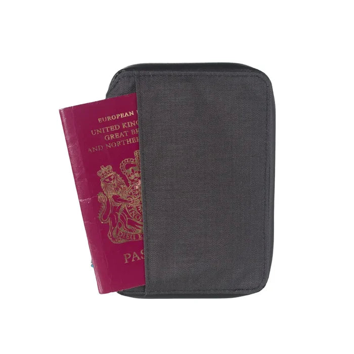 Rear detail of a Lifeventure RFiD mini travel wallet in grey colour showing a assport in the outer storage sleeve