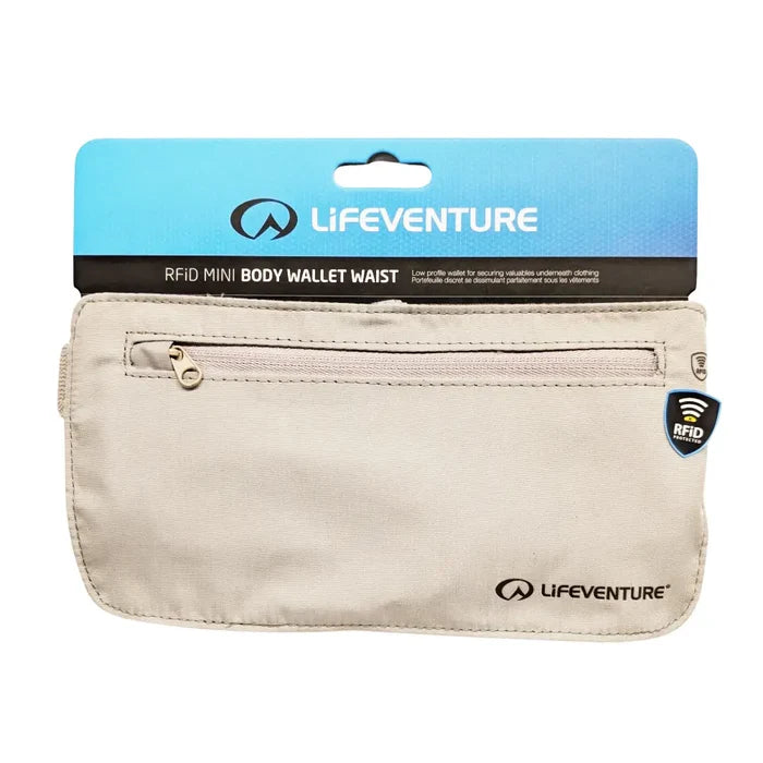 Lifeventure RFiD Mini Waist Wallet biege packaging detail from the front on a white background