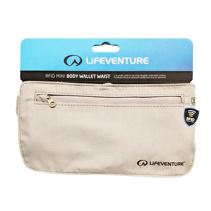 Lifeventure RFiD Mini Waist Wallet biege packaging detail from the front on a white background