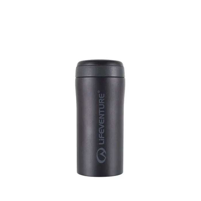 Black Matt Lifeventure thermal mug shown from the front on a white background
