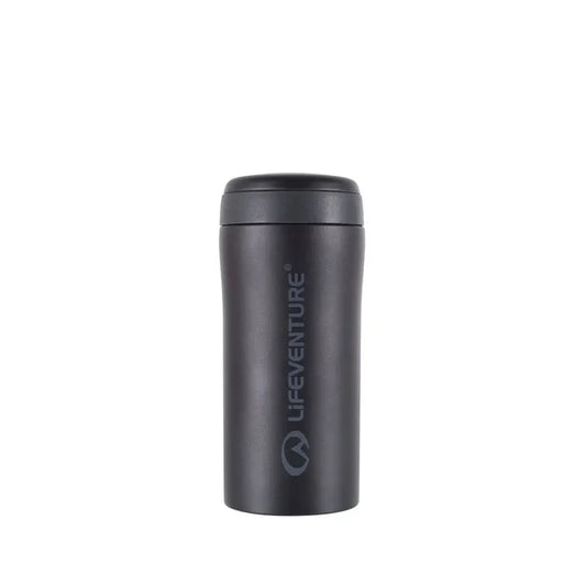 Black Matt Lifeventure thermal mug shown from the front on a white background