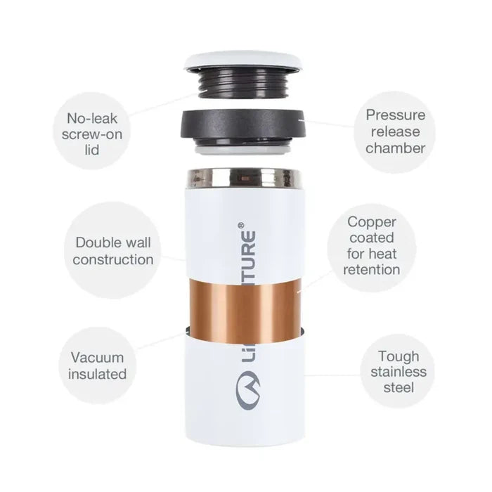 Infographic for Lifeventure stainless steel thermal mug
