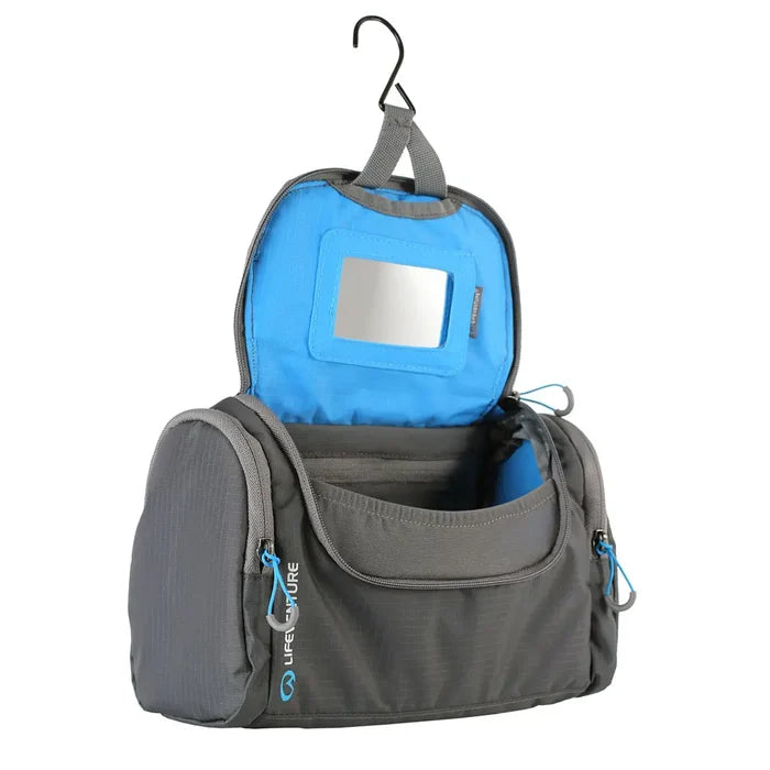 Lifeventure Travel Wash Holdall Grey shown with the hanger system in use on a white background