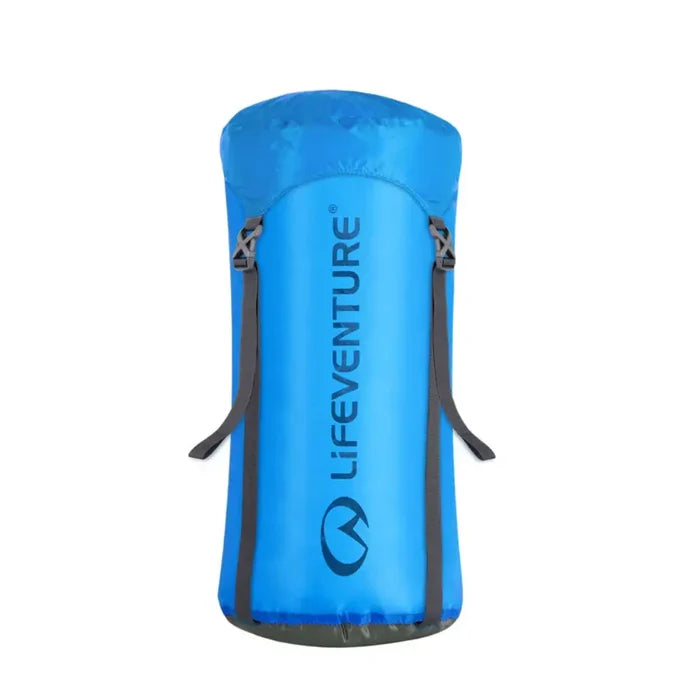 Lifeventure Ultralight Compression Sack 10 Litres in blue colour packed but not compressed on a white background