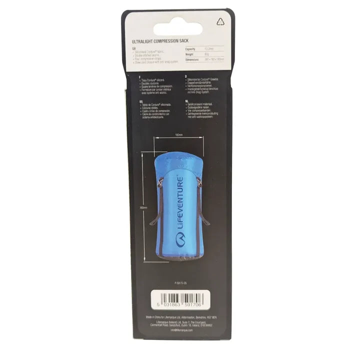 Lifeventure Ultralight Compression Sack 10 Litres in blue colour showing the packaging rear details on a white background