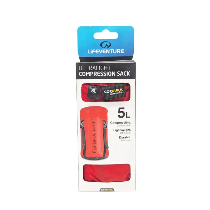 Lifeventure Ultralight Compression Sack 5 Litres red front packaging detail on a  white background