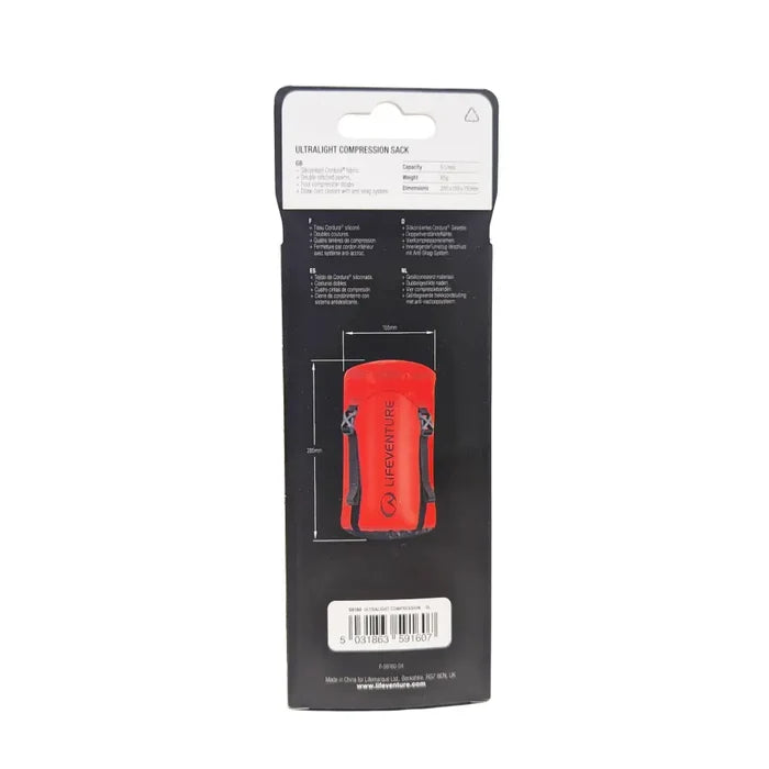 Lifeventure Ultralight Compression Sack 5 Litres red rear packaging detail on a  white background